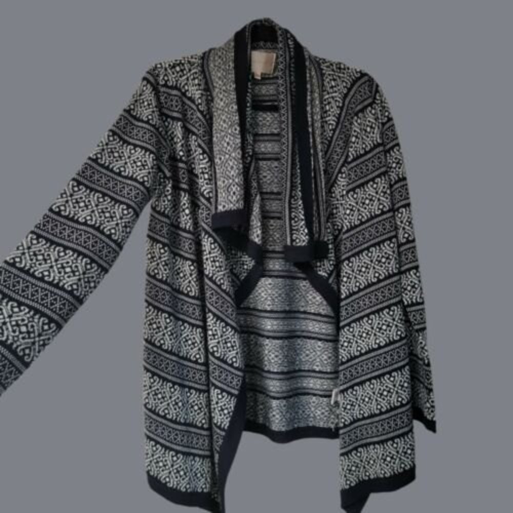 SKIES ARE BLUE Open Front Cardigan Draped Waterfall Blue Aztec Boho SMALL